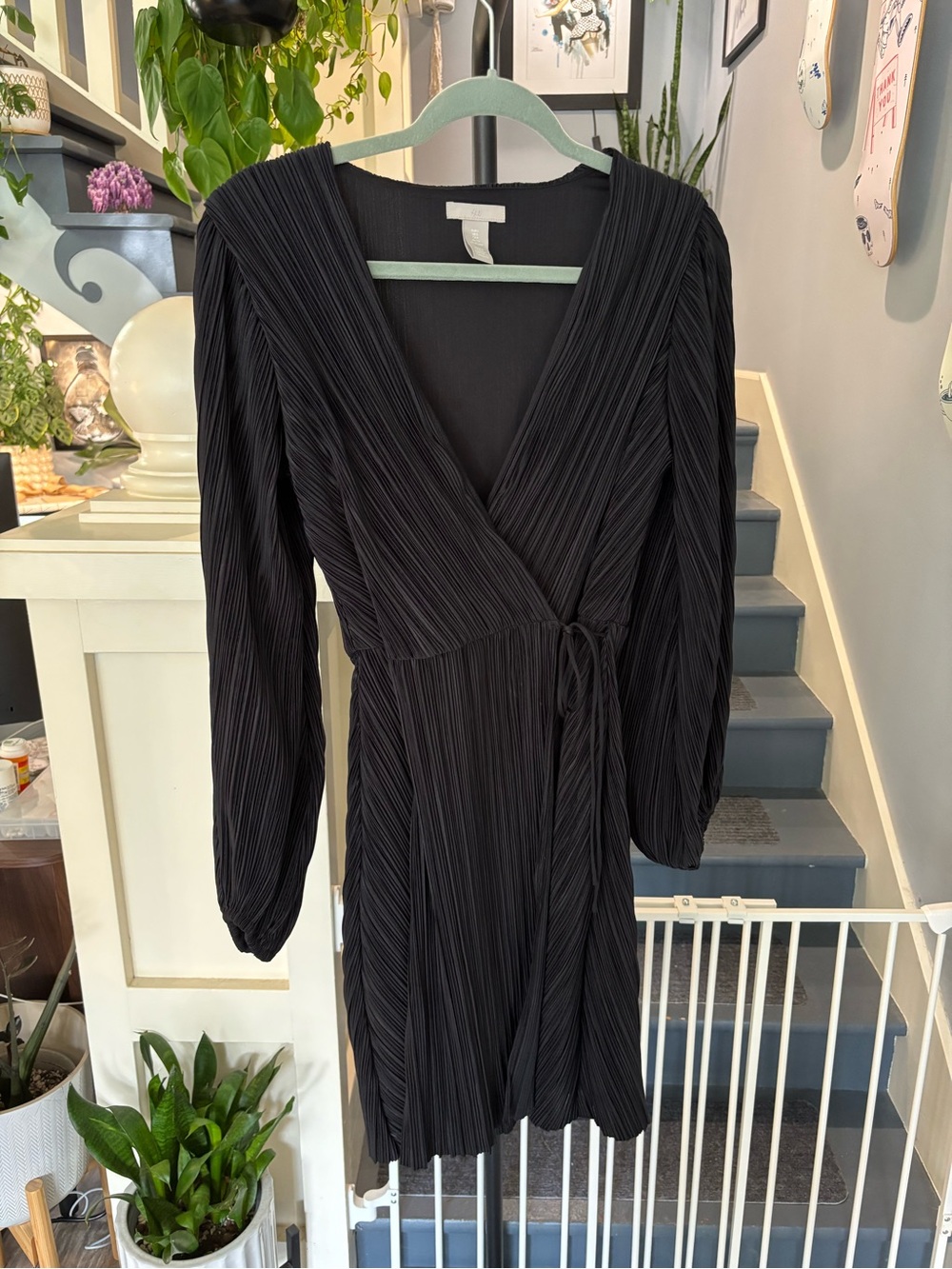 H&M Black Pleated Wrap-Style Mini Dress